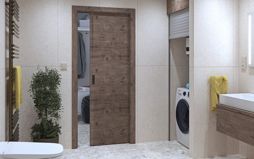 SIKO Posuvné dvere do puzdra oddeľujú kúpeľňu a technickú miestnosť v kúpeľni plnej technických vychytávok.