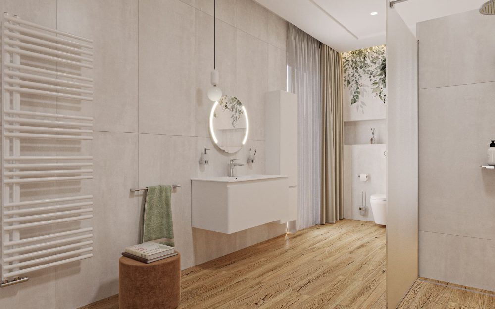 SIKO Velká koupelna, velkoformátový obklad v designu cementu, dřevěná dlažba a walk in sprchový kout.