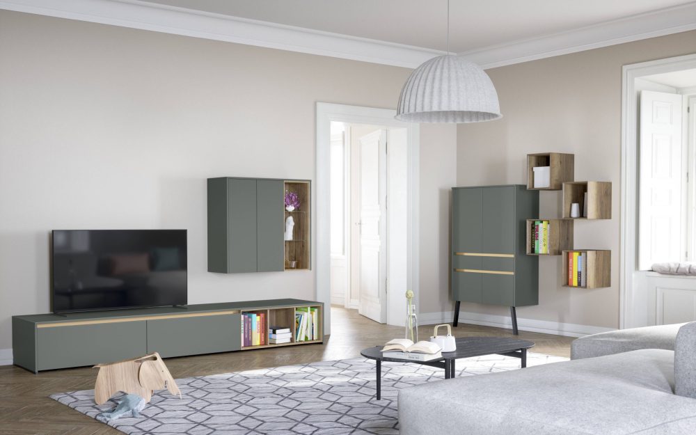 SIKO Zelený matný nábytek do obýváků, skříňka pod televizi, závěsná i samostatná skříň doplněné o otevřené police.