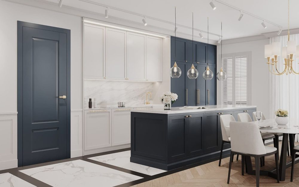 SIKO Bezfalcové modré matné dvere s kazetovým zdobením v minimalistickej kuchyni ladia s dvierkami veľkej kuchynskej linky s ostrovčekom.