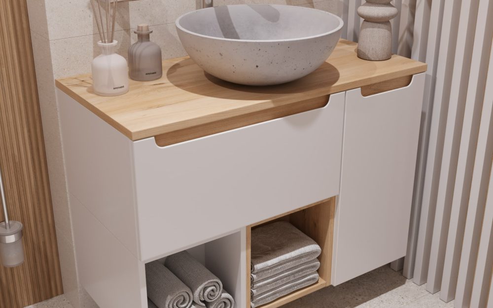 SIKO Biela umývadlová skrinka s drevenou doskou pod umývadlo a dostatkom úložného priestoru. Umývadlo na dosku v kamennom dizajne.