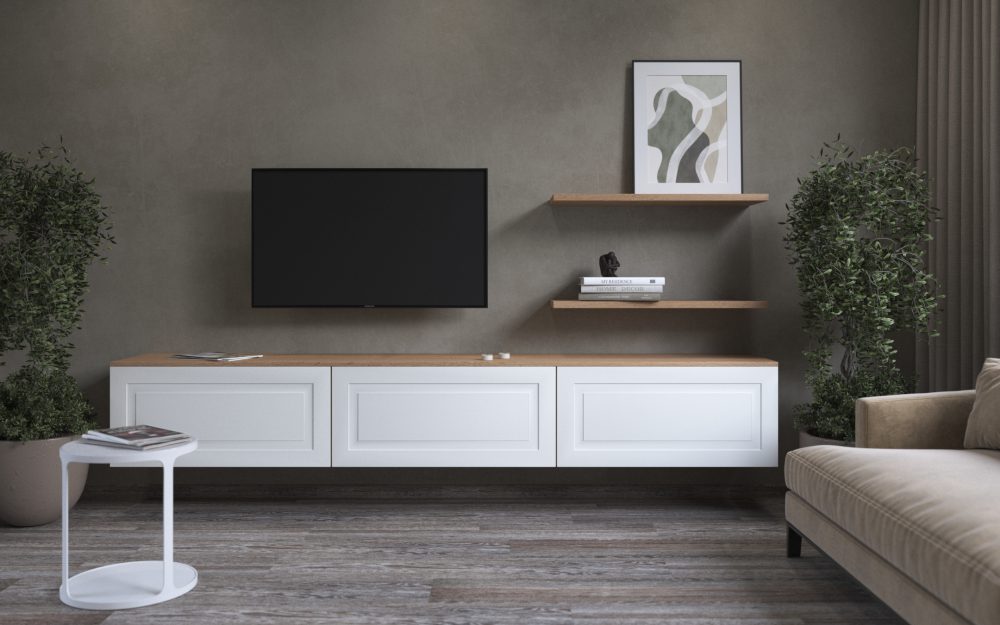 SIKO Biele skrinky pod TV s kazetovým dizajnom a otvorené police na stene so sivou stierkou.