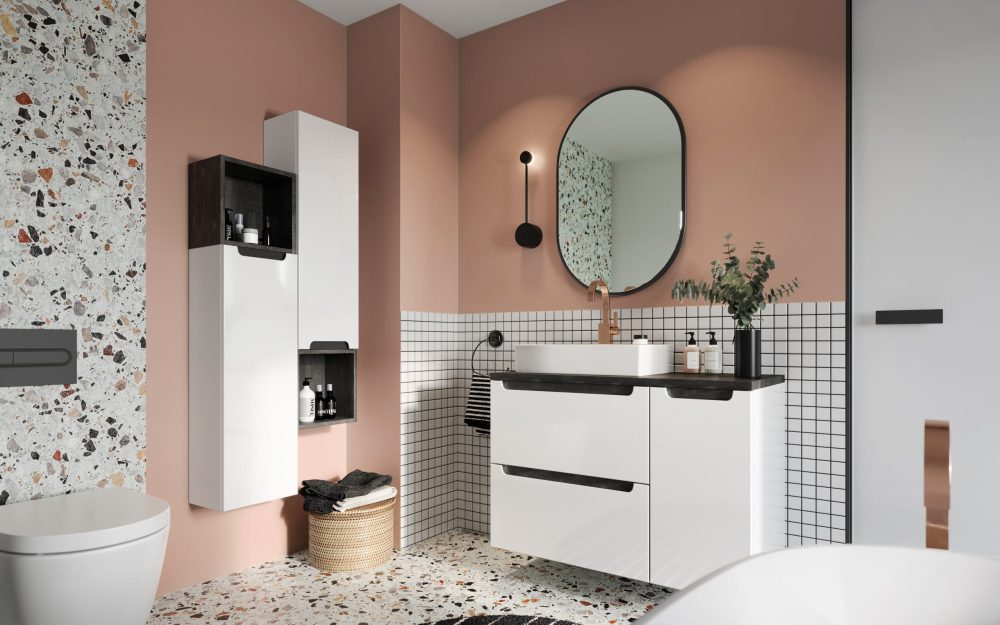 SIKO Biely nábytok do kúpeľne vynikne aj v art deco kúpeľni. Tmavé detaily ladia s čiernymi kúpeľňovými doplnkami.