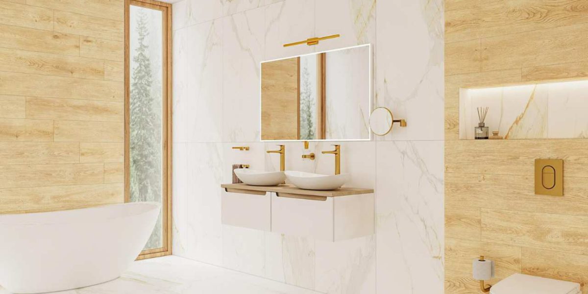 SIKO Cover veľká kúpeľňa s dvoma umývadlami na dosku, moderná voľne stojaca vaňa, luxusné zlaté umývadlové batérie, zrkadlo so zabudovaným LED osvetlením