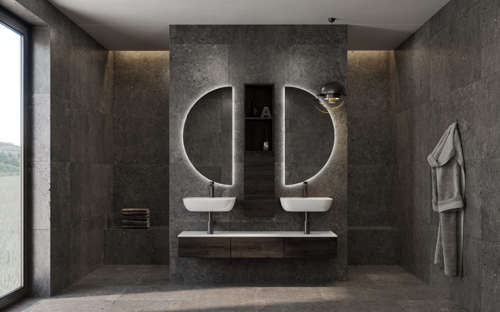SIKO Elegantní nábytek na míru do velké moderní koupelny s velkým půlkruhovým zrcadlem, obkladem a dlažbou v tmavém odstínu.