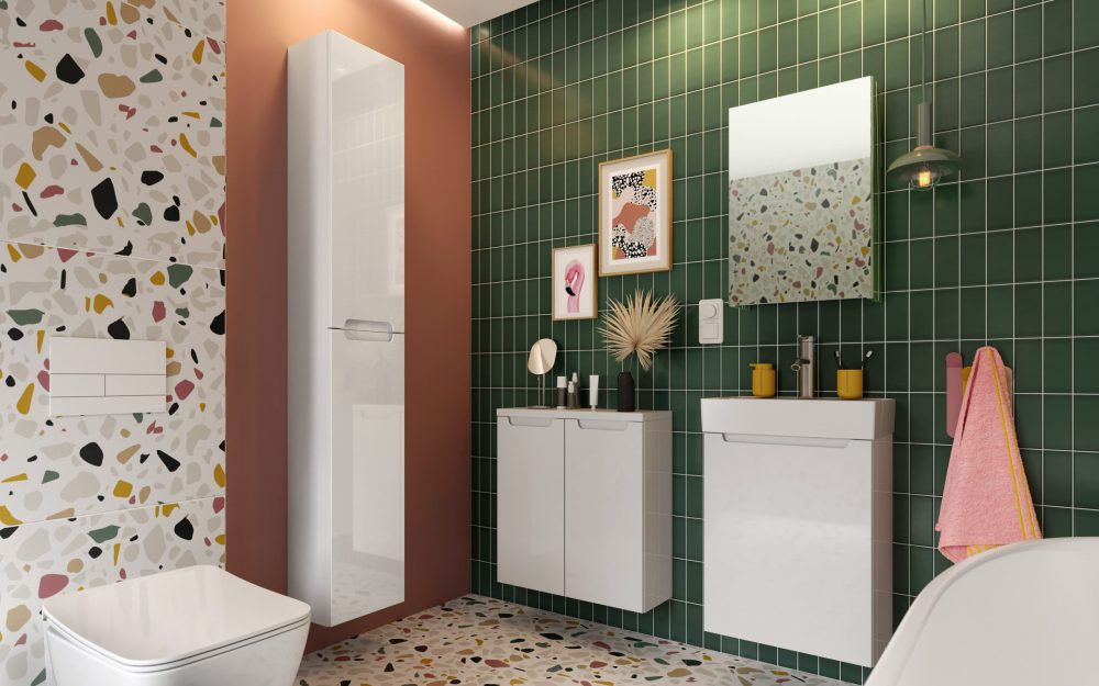 SIKO Koupelnová a umyvadlová skříňka v moderní art deco koupelně s růžovými a zelenými obklady a terrazzem.