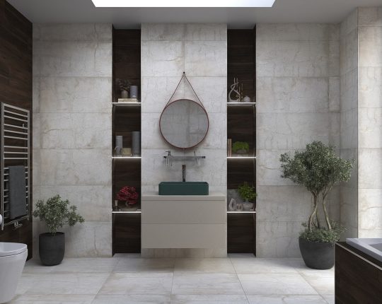 SIKO Kulaté zrcadlo na koženém řemínku nebo zavěšené na provaze je originálním a moderním prvkem velké koupelny s vanou a obklady v designu cementu.