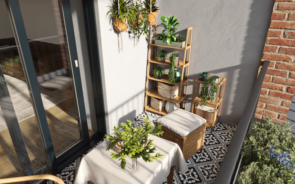 SIKO Malý balkon s dlažbou v design patchwork má všechno, stůl, pohodlné posezení i nábytek pro všechny nezbytnosti.