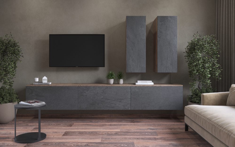 SIKO Moderný nábytok do obývačky v dizajne betónu v industriálnom štýle v kombinácii s tmavou drevenou podlahou.