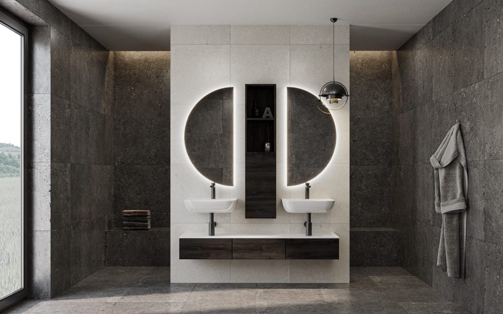 SIKO Nábytek na míru ve velké moderní koupelně laděné v černobílém provedení, velká půlkruhová podsvícená zrcadla, prostorný sprchový kout.