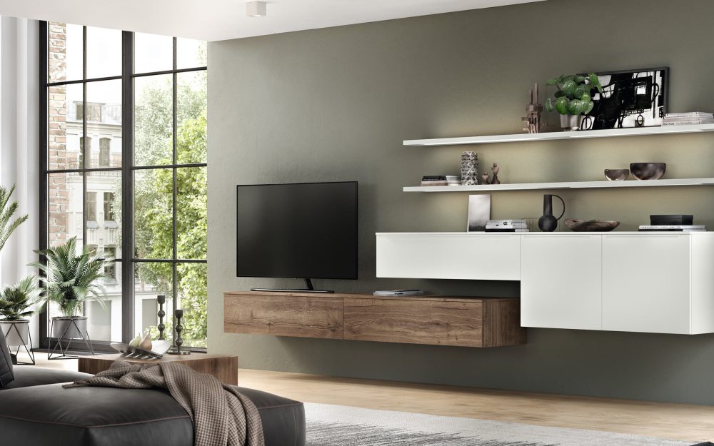 SIKO Nábytok do obývačky v drevodekore a bielom matnom dizajne s dlhými podsvietenými policami.
