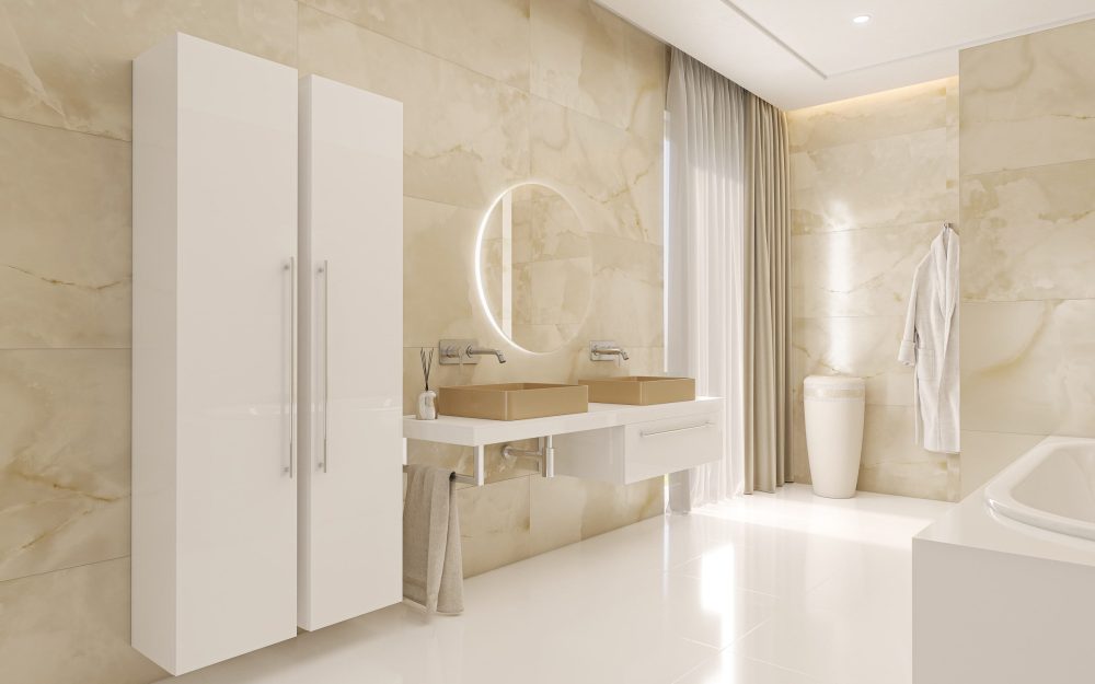 SIKO Nábytok na mieru do veľkej kúpeľne v bielej farbe, dve umývadlá na dosku, priestranná zásuvka, okrúhle zrkadlo a vysoké závesné skrine.