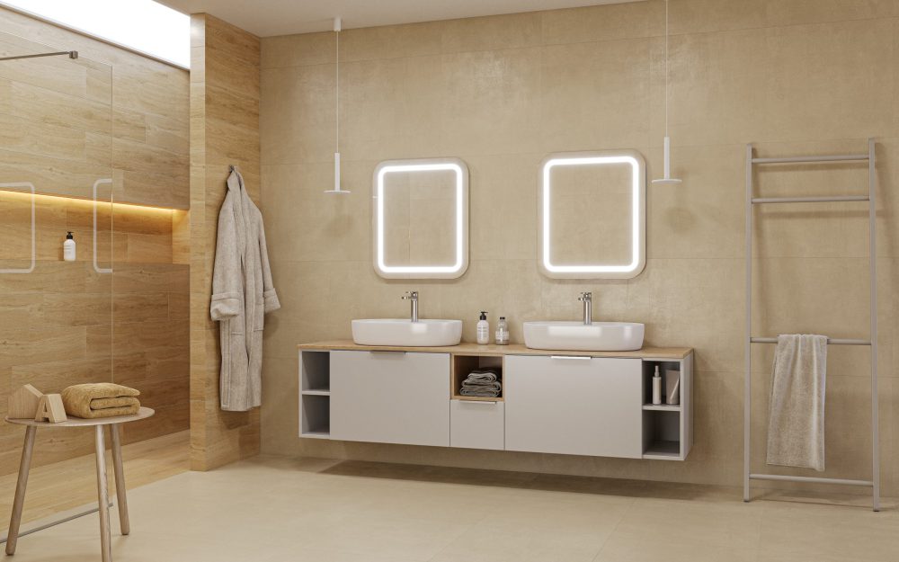 SIKO Nábytok na mieru do veľkej modernej kúpeľne s umývadlami na dosku, otvorenými policami, zrkadlá s led osvetlením, sprchovací kút s osvetlenou nikou.