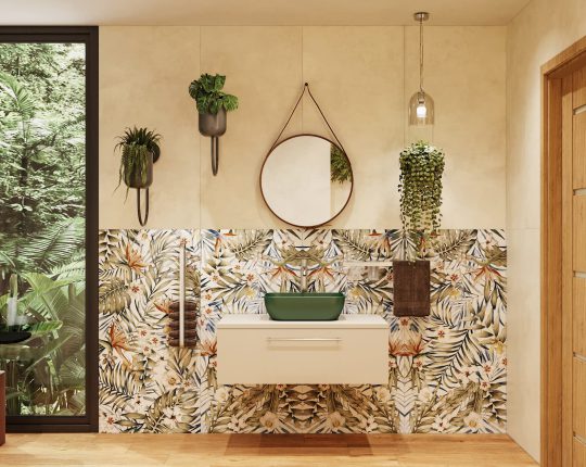 SIKO Nábytok na mieru v kúpeľni, obklady s kvetinovým vzorom, okrúhle závesné zrkadlo s popruhom, zelené umývadlo na dosku.