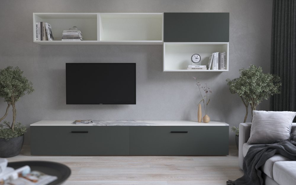 SIKO Olivovozelený nábytok do obývačky s matným povrchom v kombinácii s otvorenými skrinkami a čiernymi úchytkami.