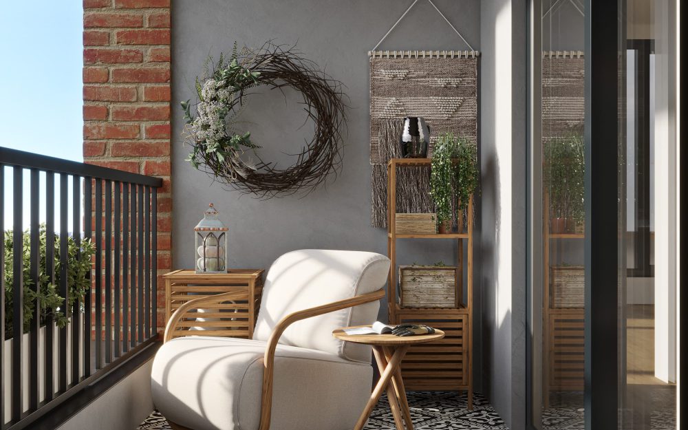 SIKO Romantický balkón s pohodlným kreslom, dekoráciou z venca a nábytkom pre maximálny komfort.