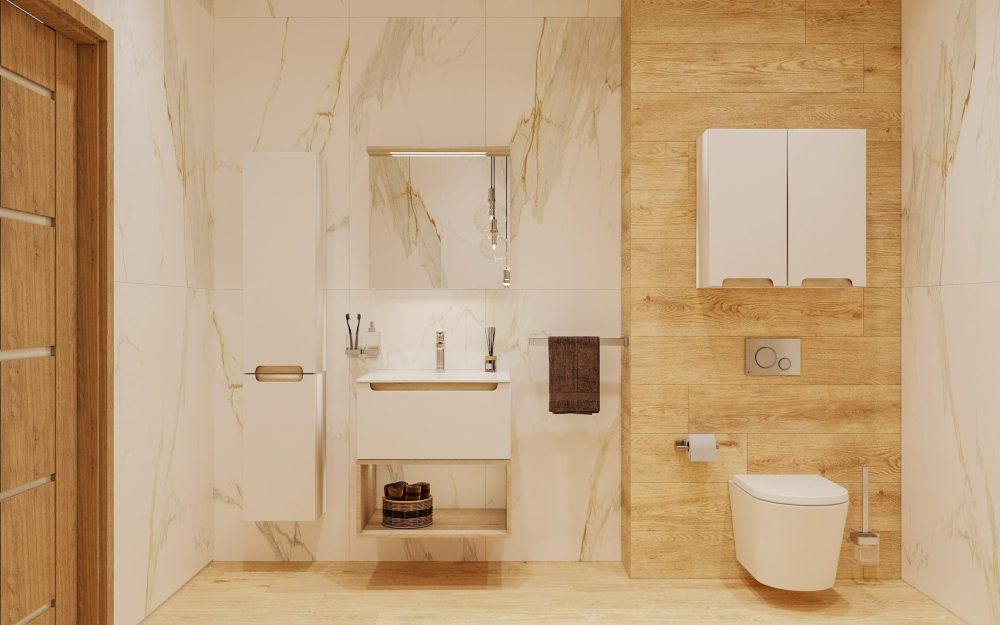 SIKO Svetlý nábytok v minimalistickom štýle v modernej kúpeľni, mramorový a drevený obklad a závesné wc.