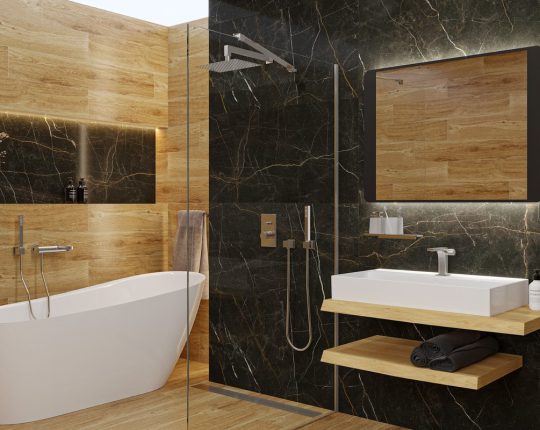 SIKO Veľká kúpeľňa s vaňou a sprchovacím kútom, umývadlo na dosku a moderné podsvietené veľké zrkadlo.