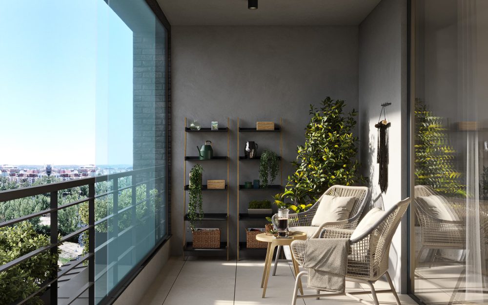 SIKO Zasklený balkon přinese relax i při nepříznivém počasí, elegantí krémová dlažba a pohodlná křesla.