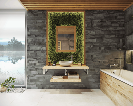 SIKO Zrcdadlo v dřevěném rámu ladí s koupelnou v přírodním stylu s vanou, umyvadlem na desku, s přírodními materiály, kamenem na zdi a dřevem. (1)
