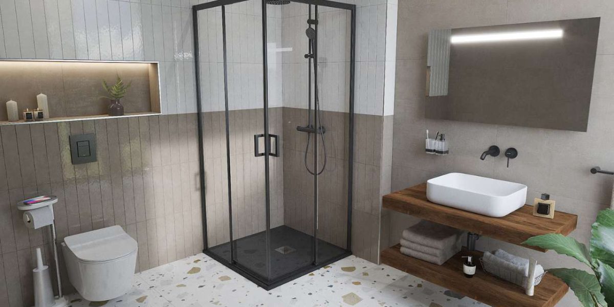 SIKO Cover sprchový kout s posuvnými dveřmi, moderní koupelna, terrazzo dlažba, bílý a béžový obklad, zrcadlo s led osvětlením, umyvadlo