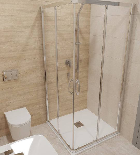 SIKO Čtvercový sprchový kout s posuvnými dveřmi, malá koupelna a dřevěný obklad a béžová dlažba, nízká vanička pro pohodlný vstup, závěsné WC.