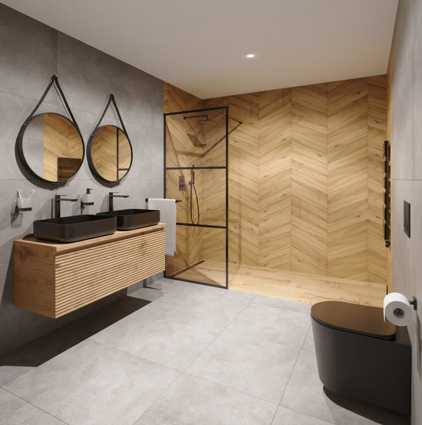 SIKO Koupelna laděná v designu dřevo a beton, závěsné černé wc, závěsná umyvadlová skříňka, černé umyvadlo na desku, černé baterie.