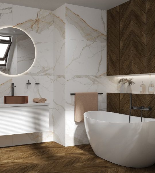 SIKO Koupelna s volně stojící velkou vanou, mramorovým obkladem, bílou umyvadlovou skříňkou, kulaté zvcadlo, doplňky v přírodním stylu.