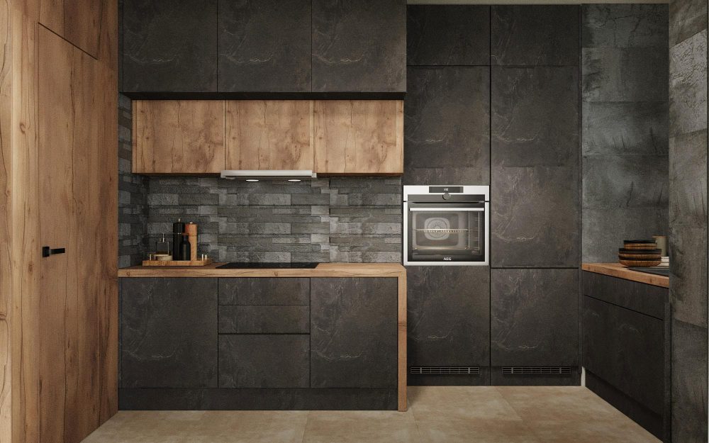 SIKO Kuchyně v přírodním stylu, kuchyňské skříňky až ke stropu, kombinace designů kámen a dřevo, dřevěná pracovní deska a horní skříňky.