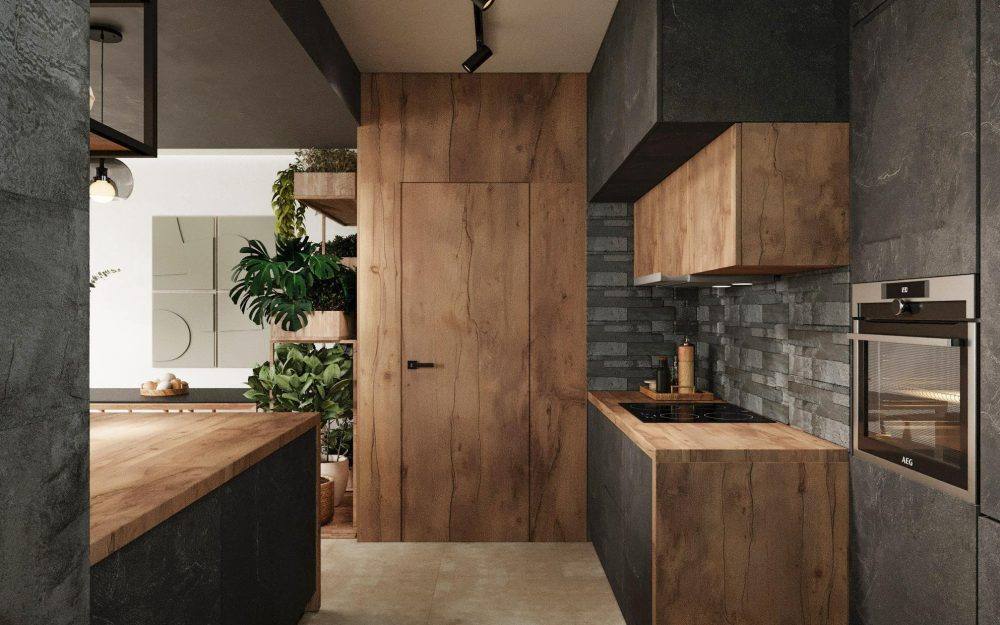 SIKO Kuchyně v přírodním stylu, skříňky až ke stropu, kombinace kámen a dřevo, kamenný obklad, krémová podlaha, skryté dveře do spíže.