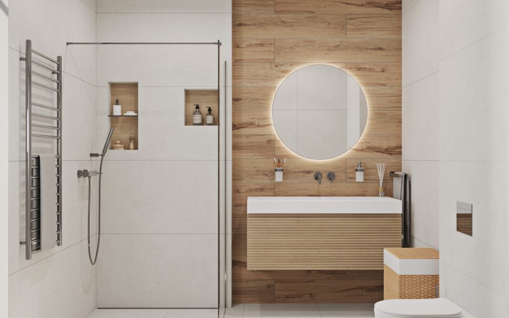 SIKO Malá koupelna, bílý obklad, dřevěný obklad, závěsná skříňka s umyvadlem, kulate zrcadlo, závěsné WC, walk-in sprchový kout.