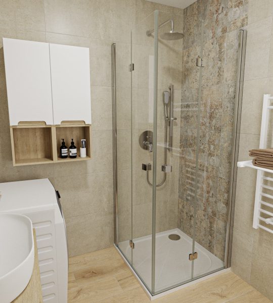 SIKO Malá koupelna s pračkou, závěsná skříňka, čtvercový sprchový kout s otevíracími dveřmi, dřevěná dlažba a béžový obklad se vzorem.