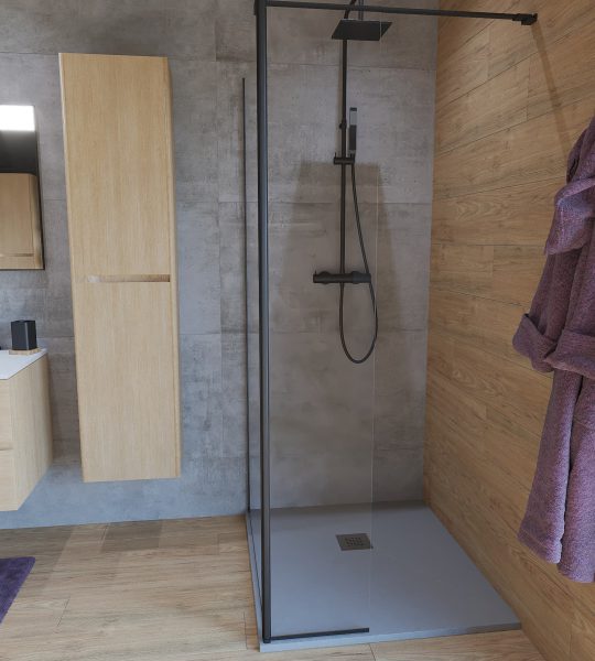 SIKO Malá koupelna se dřevem a betonem, walk-in sprchový kout s černými profily, černé baterie, závěsný koupelnový nábytek a vysoké skříňky.