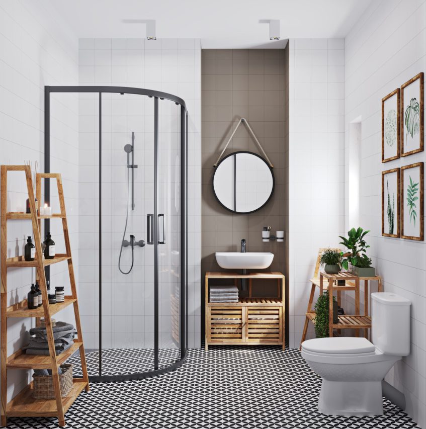 SIKO Moderná kúpeľňa, čierny sprchovací kút, drevený nábytok, kúpeľňové regály, kombi wc, závesné okrúhle zrkadlo.