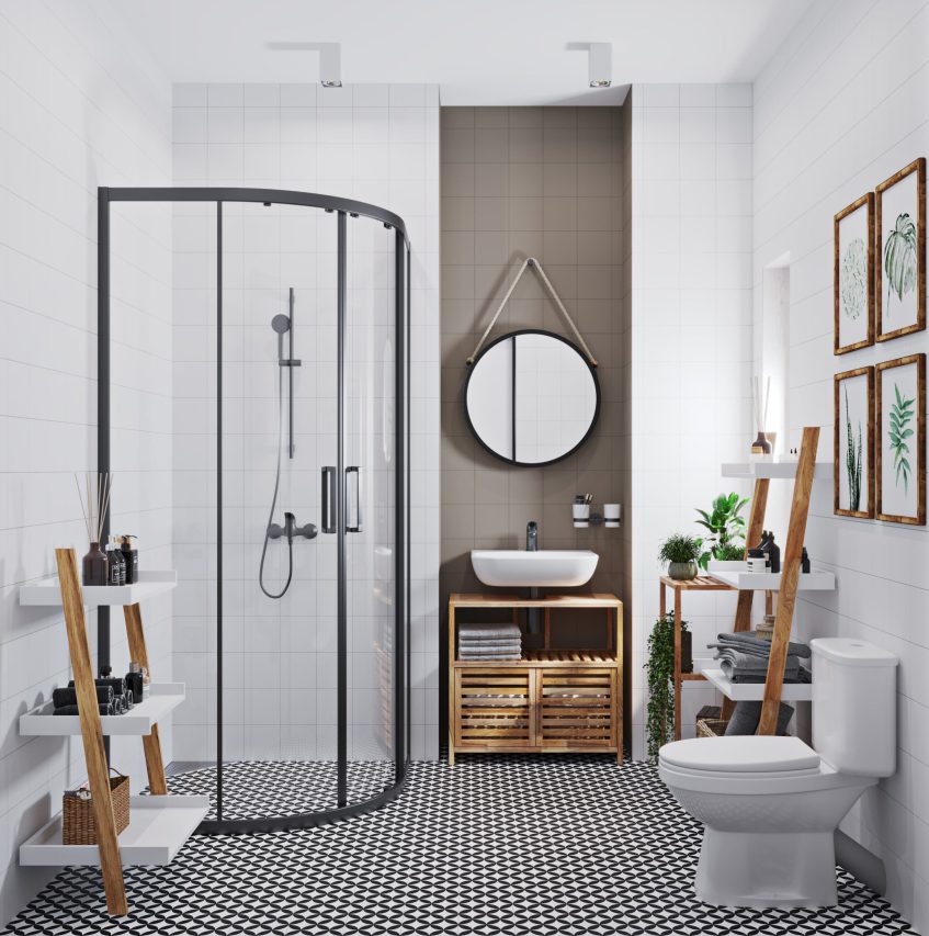 SIKO Moderní koupelna, nábytek s bílými policemi, dřevěná umyvadlová skříňka, kombi WC, černobílá dlažba, černý sprchový kout, bílý obklad.