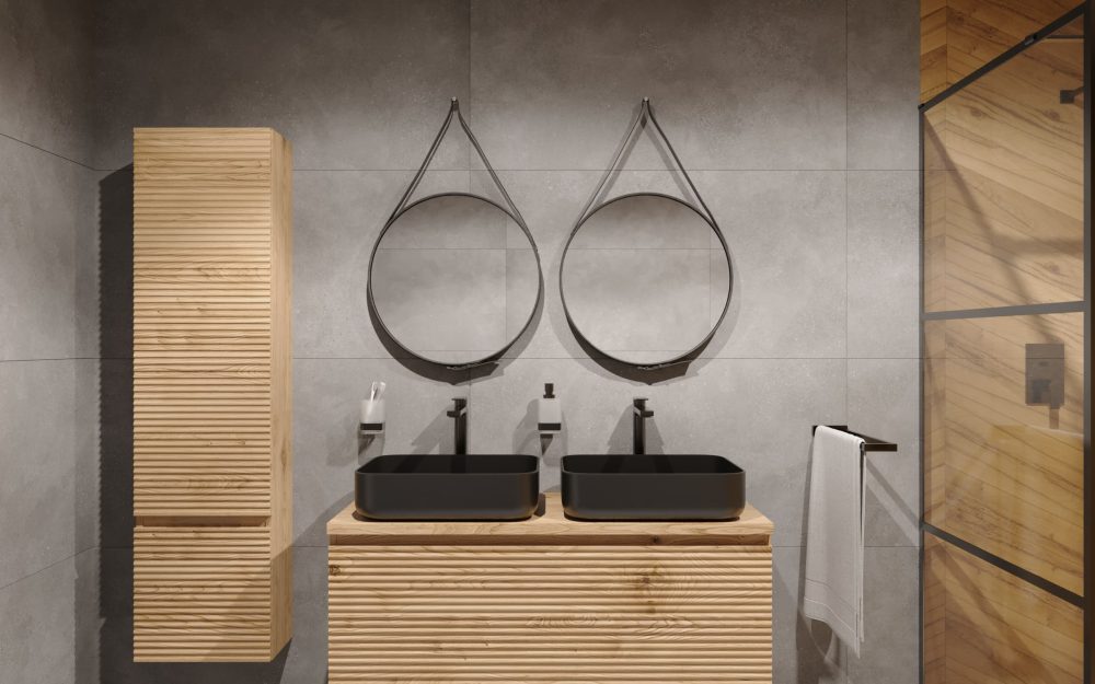 SIKO Moderní koupelna s obkladem a dlažbou v designu betonu a cementu, sprchový kout s dřevěným obkladem a dlažbou, černá umyvadla, černé baterie