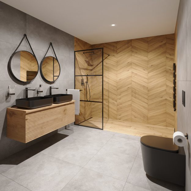 SIKO Moderní koupelna s walk-in sprchovým koutem, černé závěsné WC, černé umyvadlo, kulatá zrcadla na řemenu, sprchový kout s černými profily.