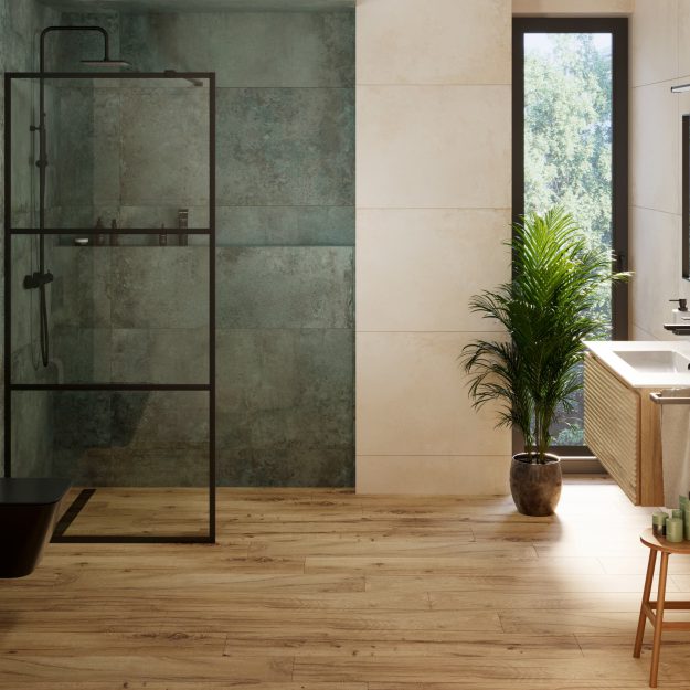 SIKO Moderní koupelna v kombinaci tmavý kámen a dřevo. Černé baterie, černé závěsné WC, dřevěná závěsná umyvadlová skříňka a dřevěné doplňky.