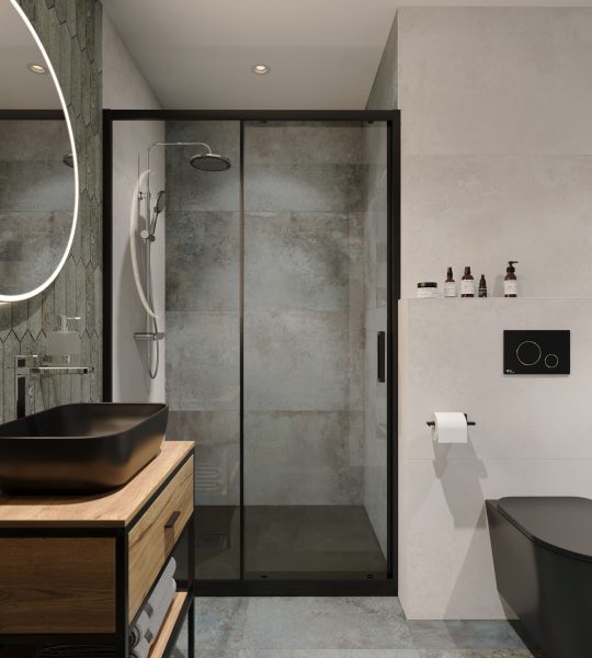 SIKO Murovaný sprchovací kút v nike, posuvné sprchové dvere s čiernymi profilmi, regál pod umývadlo a čierna doska na umývadlo, čierne závesné wc