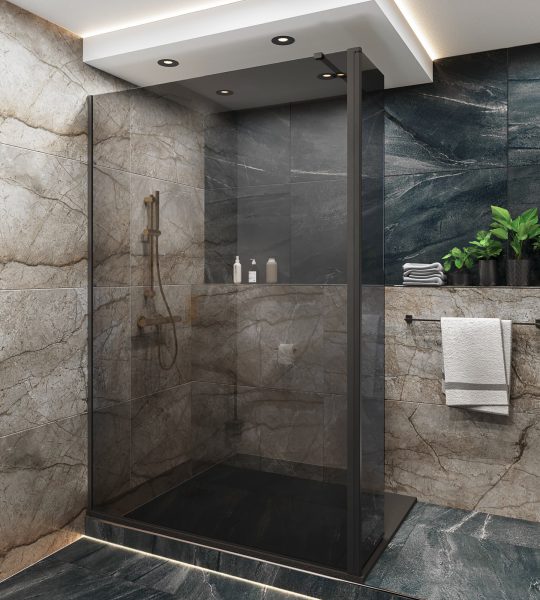 SIKO Sprchovací kút s dymovým sklom, mramorový obklad a dlažba v modrosivom prevedení tvoria luxusnú kúpeľňu.