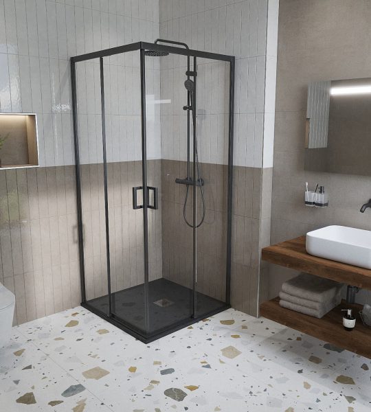 SIKO Velká koupelna, sprchový kout s černými profily, umyvadlo na dřevěné desce, závěsné WC a dlažba terrazzo, lesklý obdélníkový obklad.