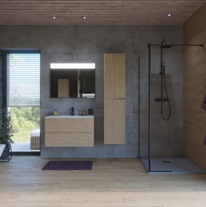 SIKO Velká koupelna v kombinaci dřevo, kámen, beton. Sprchový kout walk-in s černými profily, černé baterie, závěsné WC a závěsný nábytek.