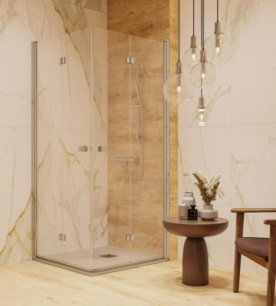 SIKO Veľká luxusná kúpeľňa so sprchovacím kútom, sklenené posuvné dvere, relaxačný kútik v kúpeľni. Dizajn mramor a drevo.