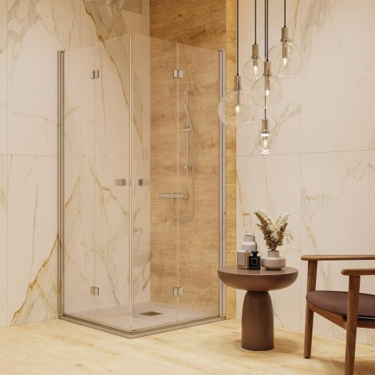 SIKO Velká luxusní koupelna se sprchovým koutem, skleněné posuvné dveře, relaxační koutek v koupelně. Design mramor a dřevo.