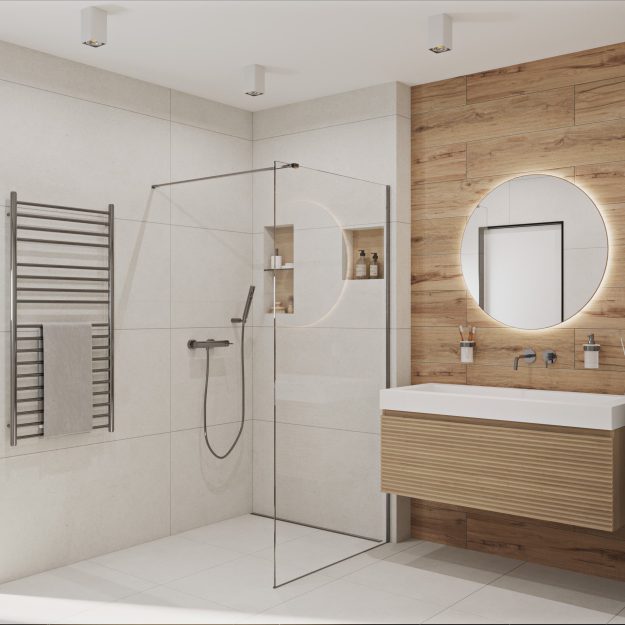 SIKO Walk-in sprchový kout v malé bílé koupelně, niky se zabudovanými poličkami ve sprchovém koutu dřevěný obklad, kulaté zrcadlo, topný žebřík.