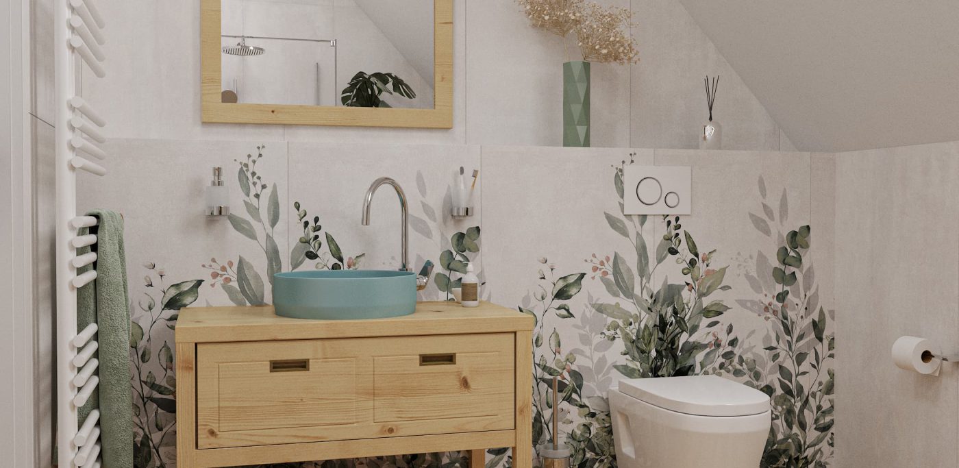 1 SIKO Podkrovní koupelna, pastelové barvy, dřevěná podlaha, květinové obklady, barevné pastelové umyvadlo na desku, dřevěný nábytek, závěsné WC