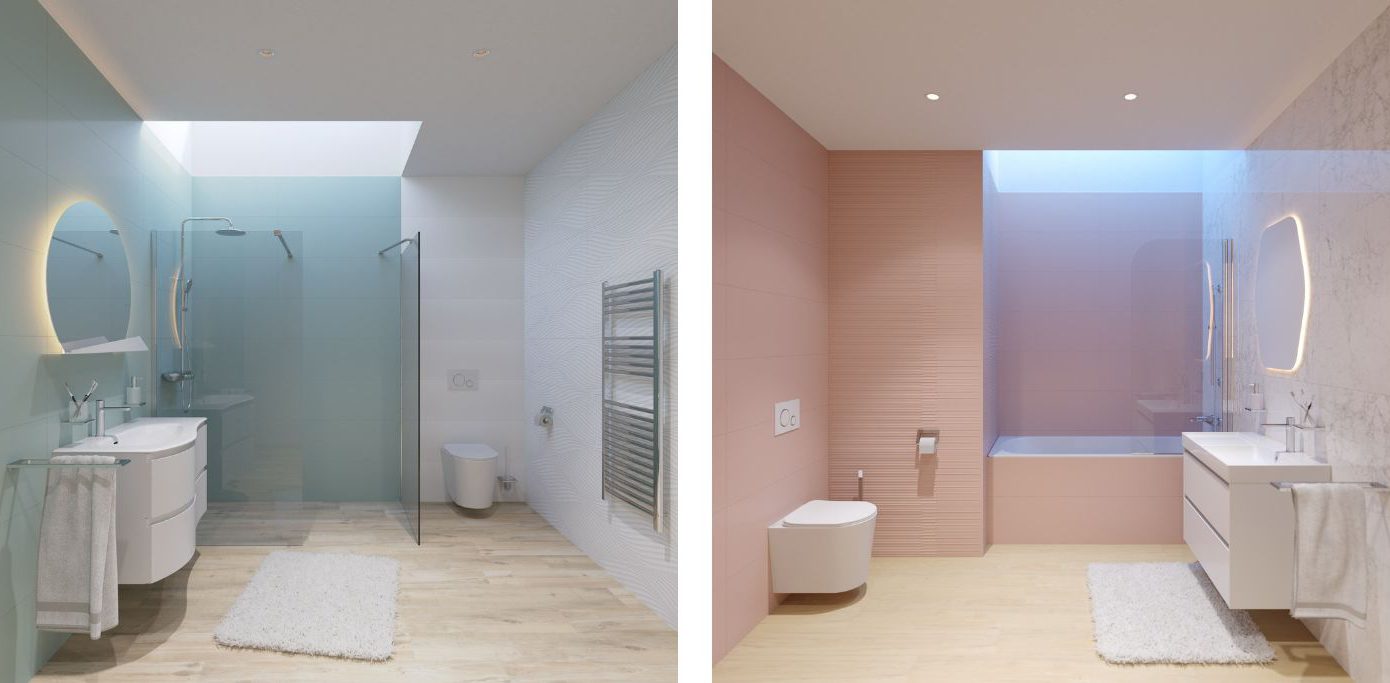 3 SIKO Pastelové obklady v koupelně, pudrově růžová, pastelově modrá, aquamarinová koupelna s vanou i sprchovým koutem, styl moderní art deco
