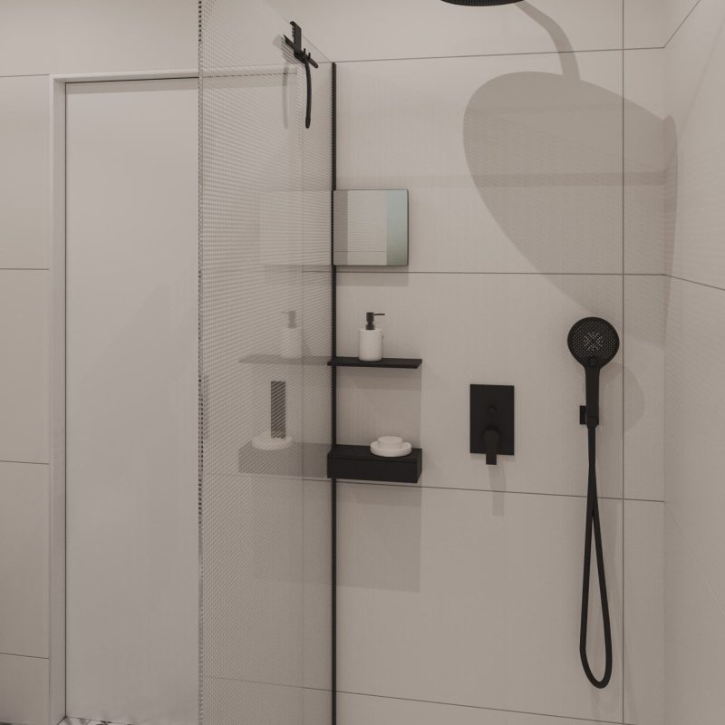3 SIKO Sklo sprchovacieho kúta walk in s dekorom, čierny sprchový set, čierne poličky v sprchovacom kúte, biely obklad, priestranná sprcha
