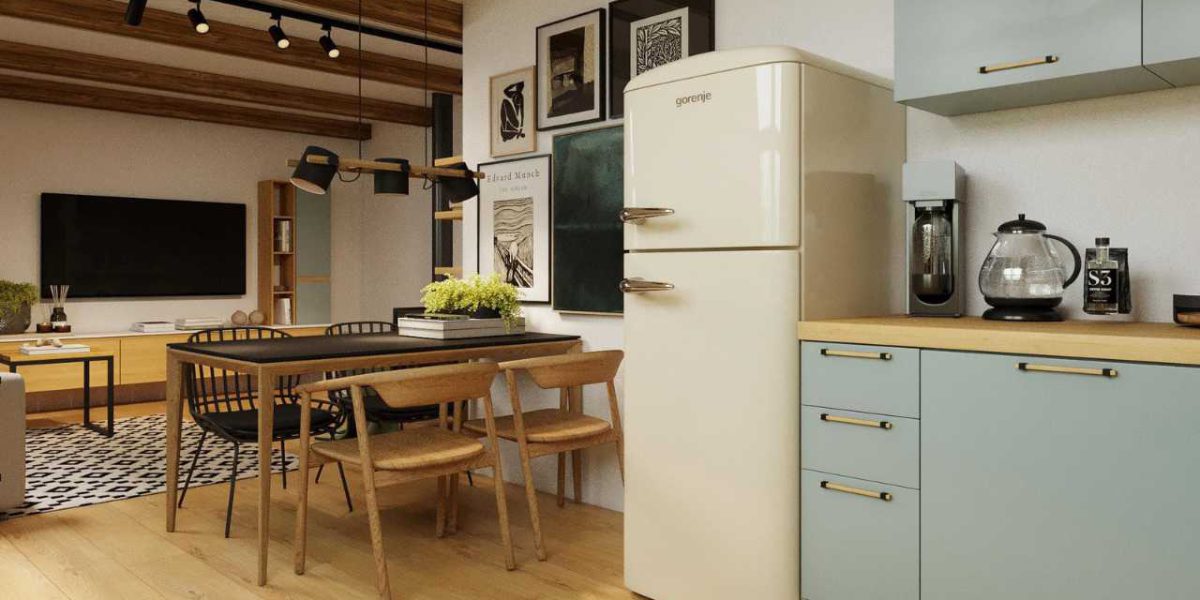 SIKO Cover pastelové barvy, podkrovní kuchyně, podkrovní obývák, stropní dřevěné trámy, dřevěná podlaha, propojené místnosti, retro styl