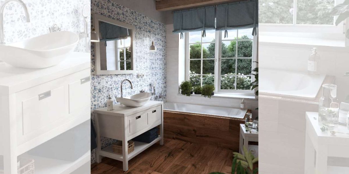SIKO Cover venkovsky laděná koupelna, rustikální bílý nábytek, obložená vana, okno v koupelně, dřevěná podlaha